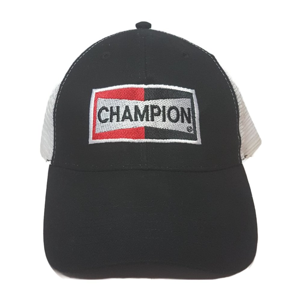 Vintage CHAMPION SPARK PLUGS Hat Snapback Trucker Hat Classic Cap Black Red Mesh
